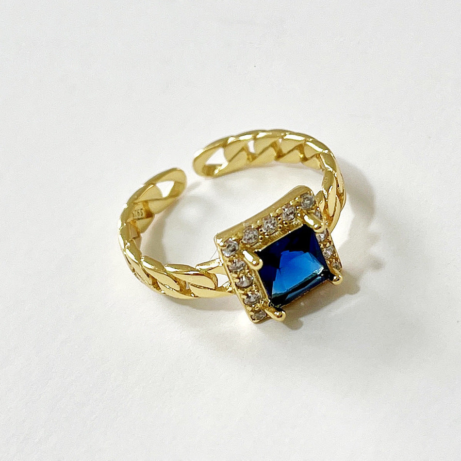 Square S925 Sterling Silver Ring Female Silver Zircon Black Diamond Simple Ring
