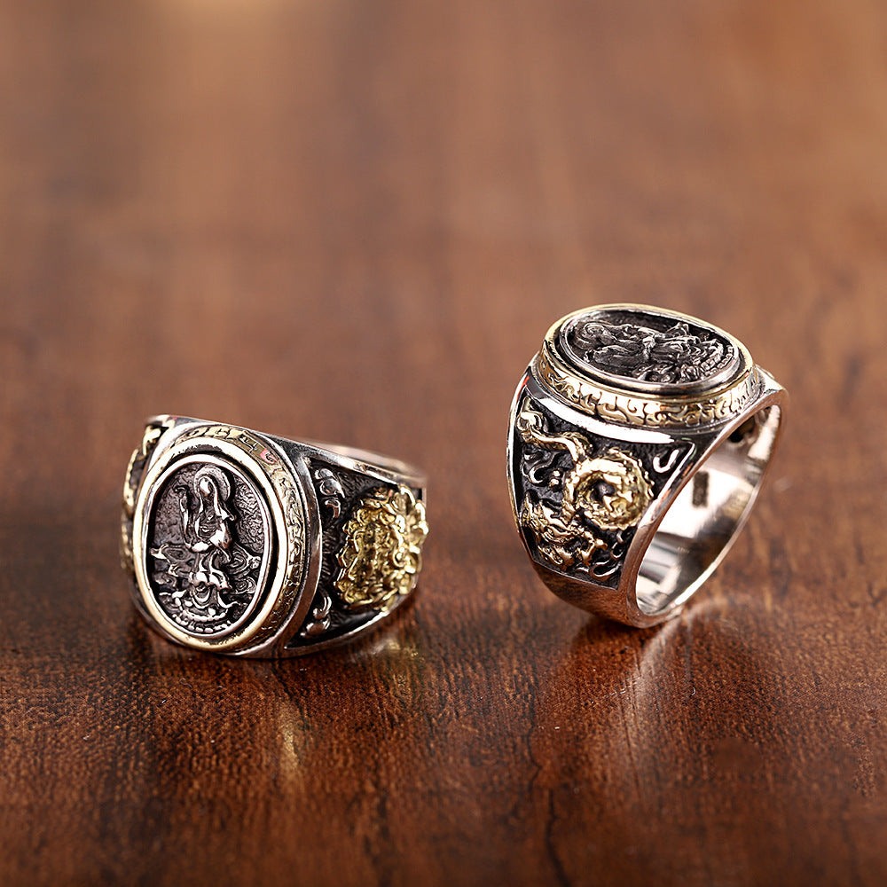 S925 Silver Antique Finish Silver Jewelry Trendy Personality Hip Hop Style South Sea Guanyin Ring Men's Ring