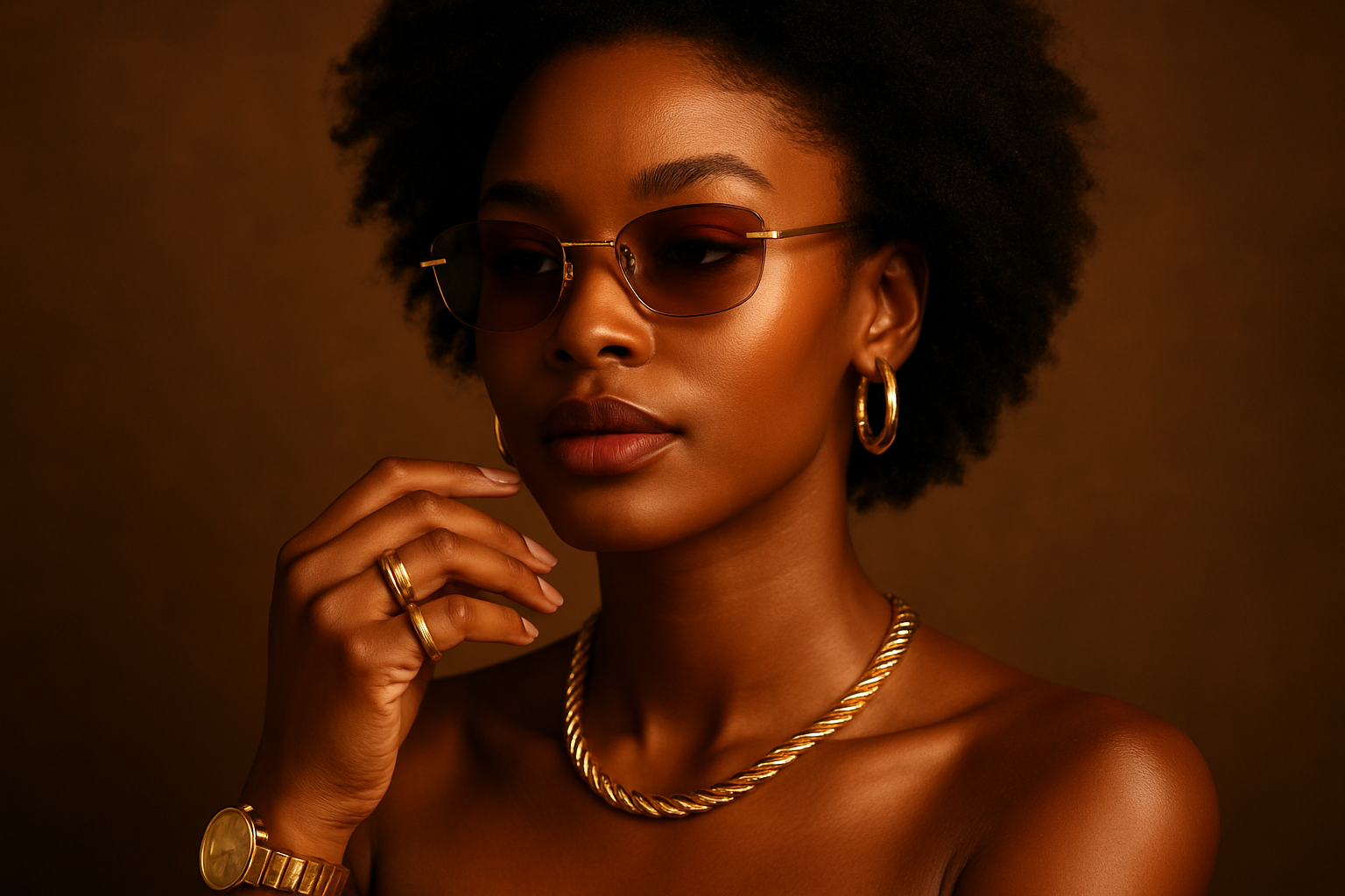 an african lady wearing sunglasses without frame, gold watch,gold hoop earings,gold ring and gold necklace