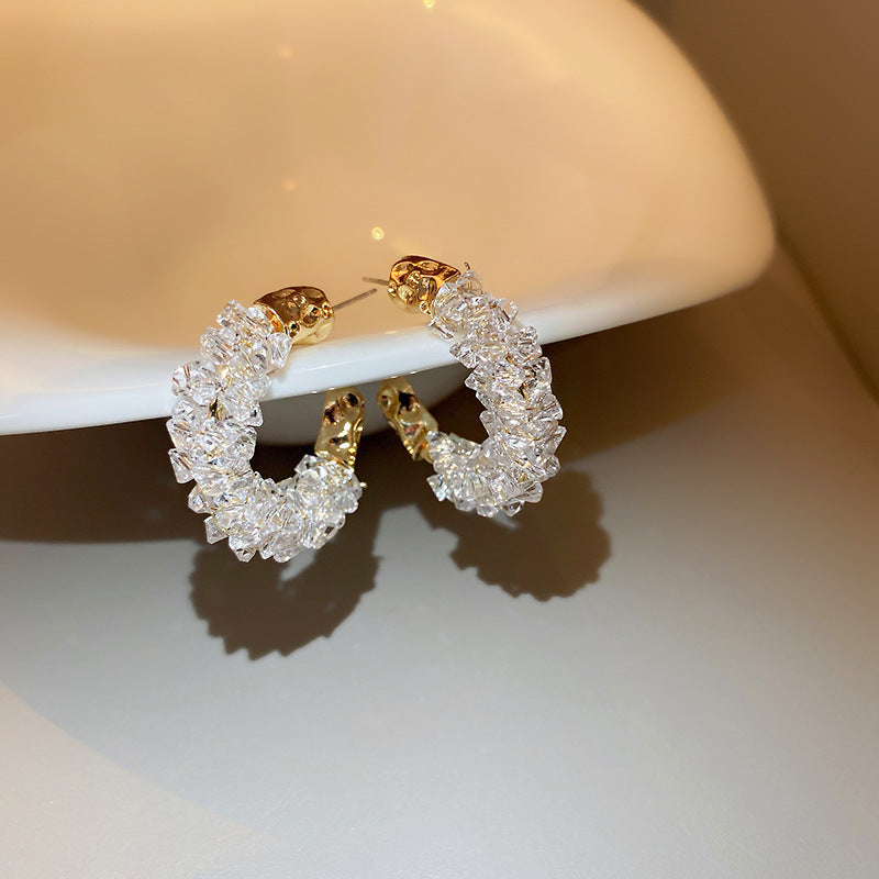 925 Silver New Shiny Crystal Winding C-shaped Earrings