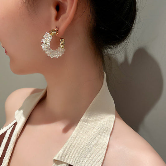925 Silver  New Shiny Crystal Winding C-shaped Earrings